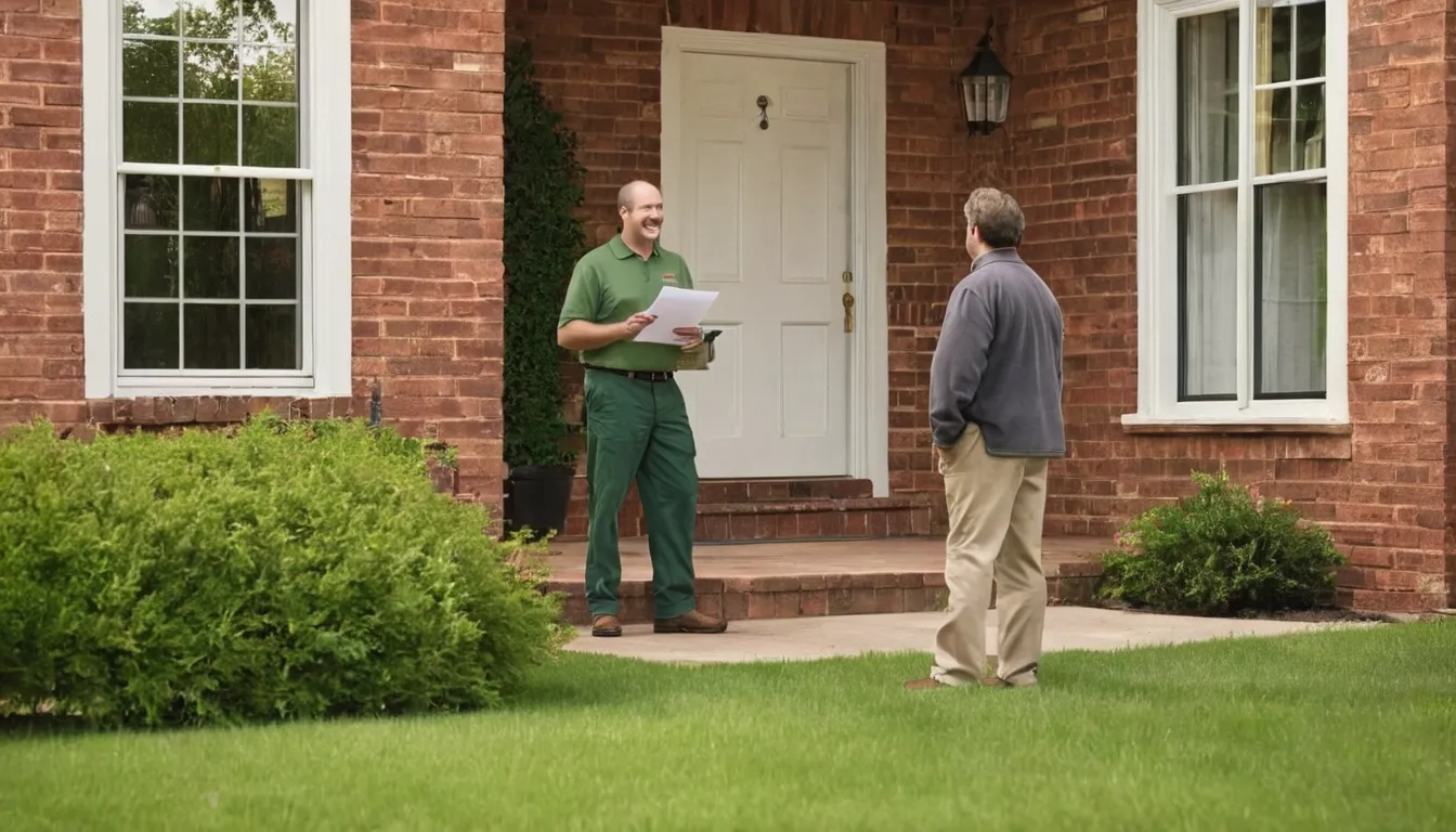 A homeowner in Greenville talking with a pest provider at the front door of a brick house